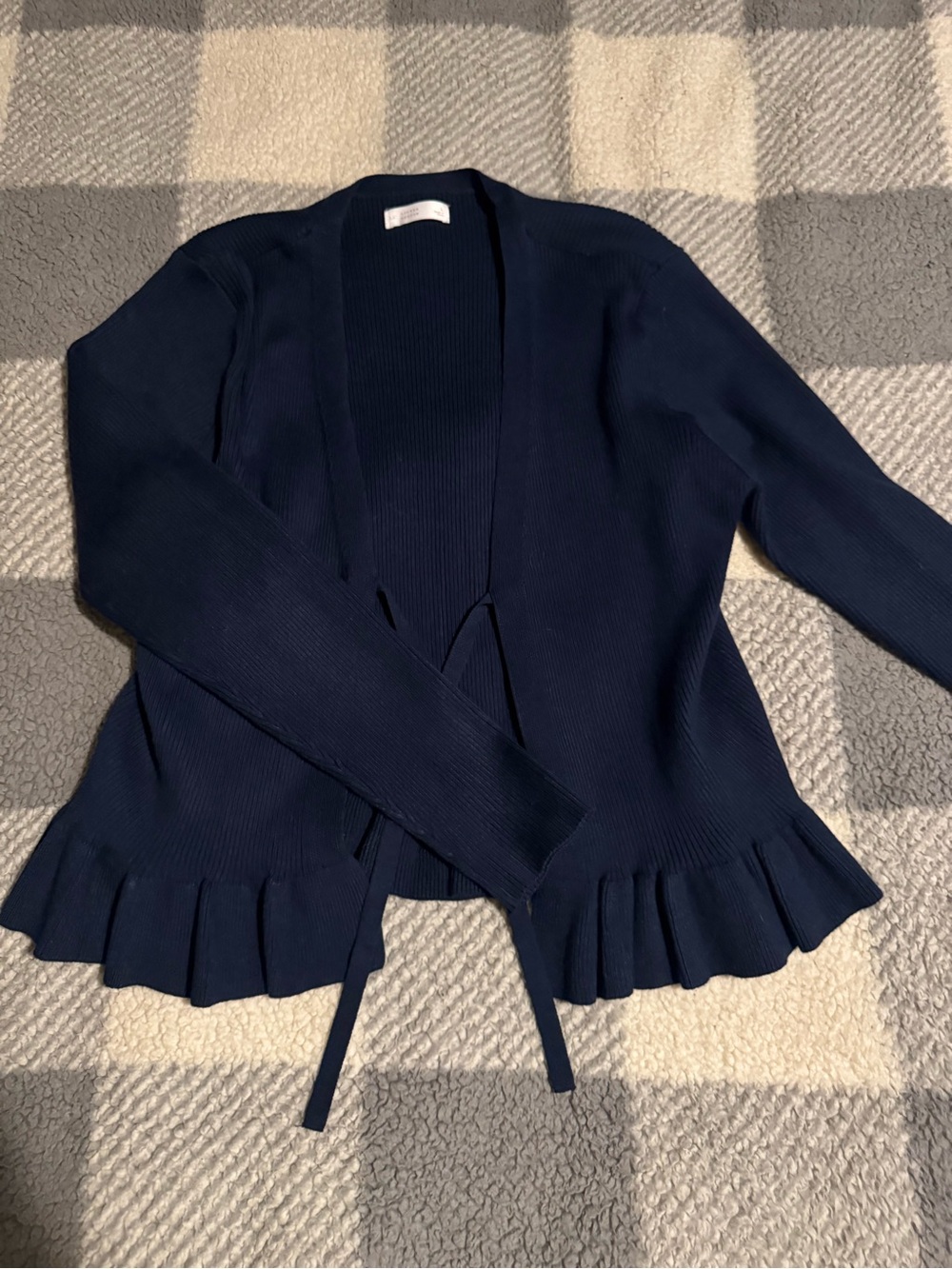 LC Lauren Conrad Navy Ribbed Tie-Front Cardigan with Ruffle Hem